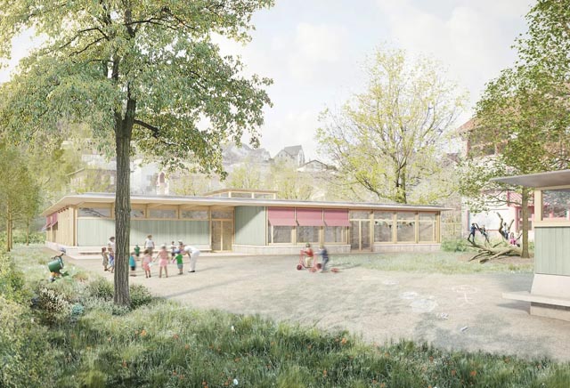 Wenn alles optimal läuft, kann das neue Kindergartengebäude im Januar 2025 bezogen werden. Visualisierung: Gemeinde Zeiningen 